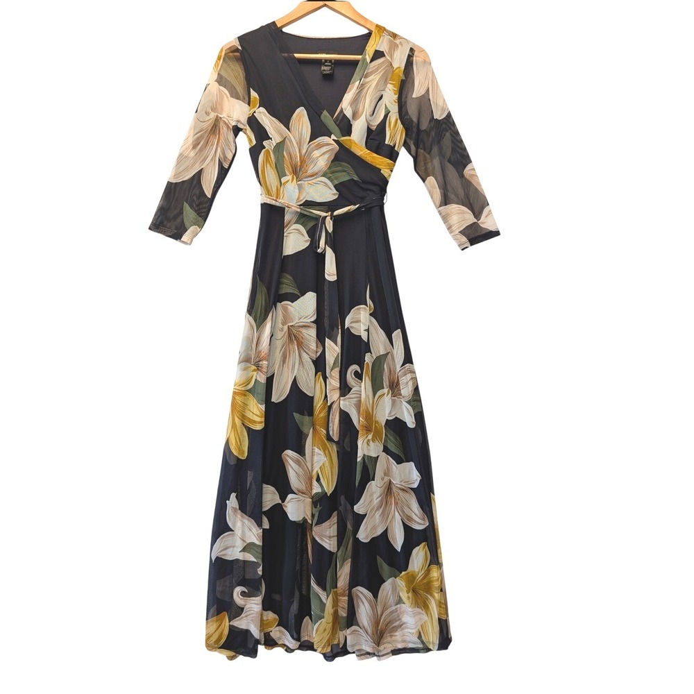 Kate and‎ Lily Navy Blue Floral Lily Mesh Wrap Maxi Dress 3/4 Sleeve Size 4
